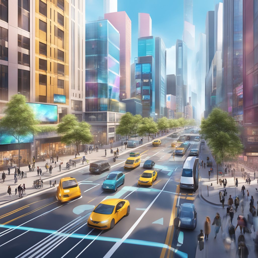 A bustling city street with holographic displays and interactive AR interfaces, showcasing advanced technology and seamless integration with everyday life