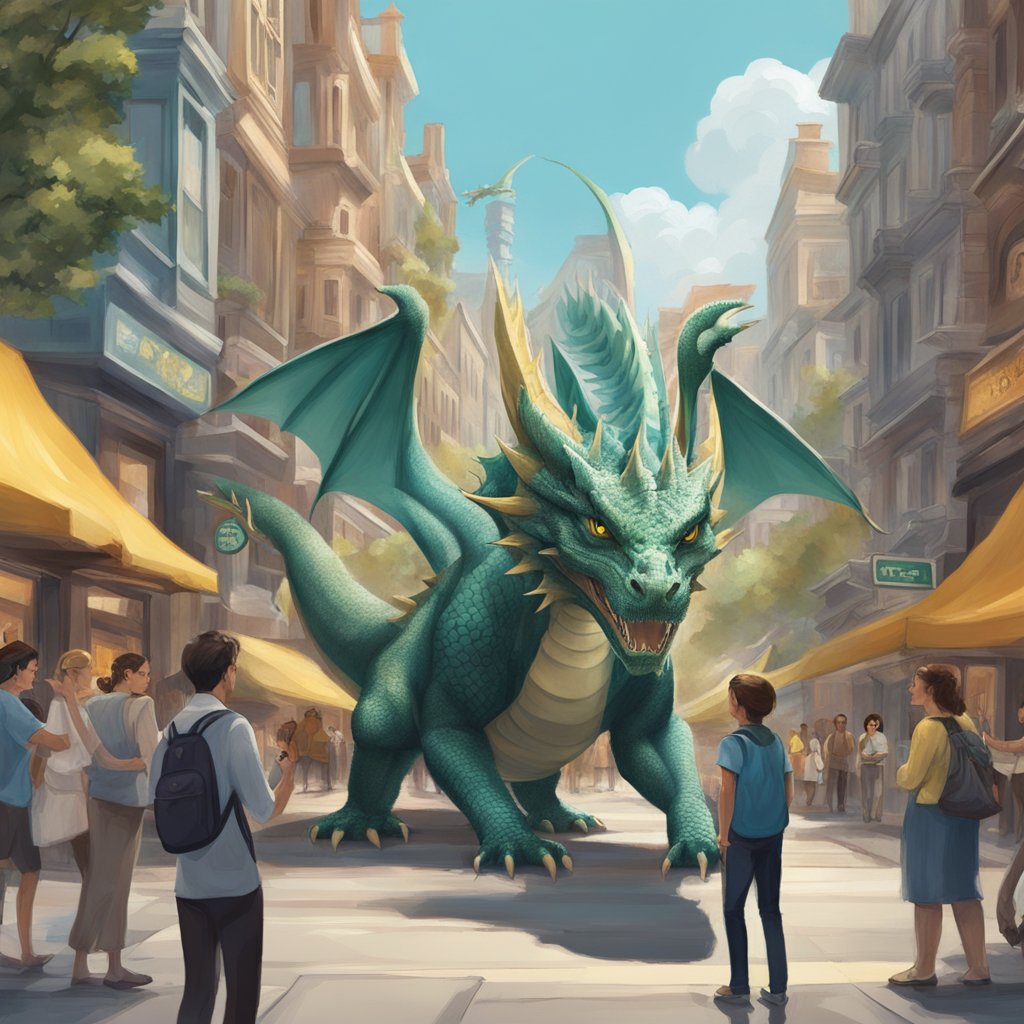 A virtual dragon emerges from a city street, as digital elements blend seamlessly with the real world. A player interacts with the creature using a handheld device, surrounded by amazed onlookers