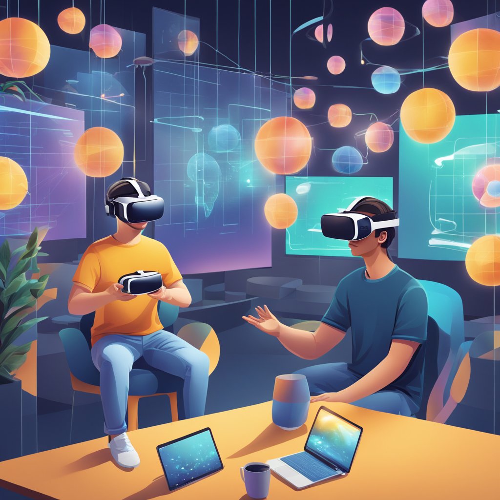 A person wearing a VR headset is immersed in a digital world, while another person using AR glasses sees virtual objects overlaid onto the real world