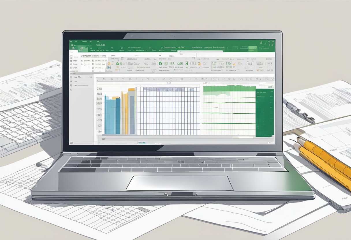 An open laptop displaying an Excel spreadsheet with book writing data. A pen and notebook sit next to it, ready for note-taking