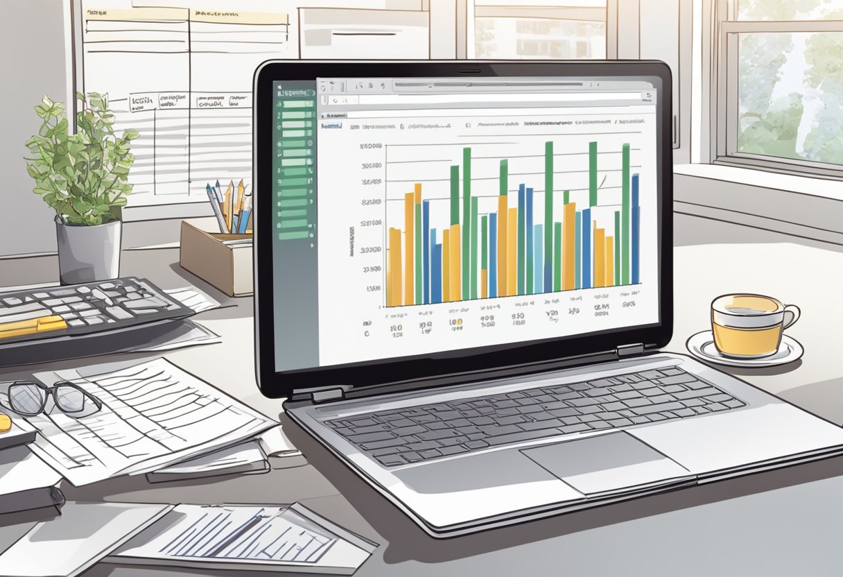 A laptop open to an Excel spreadsheet, surrounded by writing materials and reference books. Graphs and charts displayed on the screen