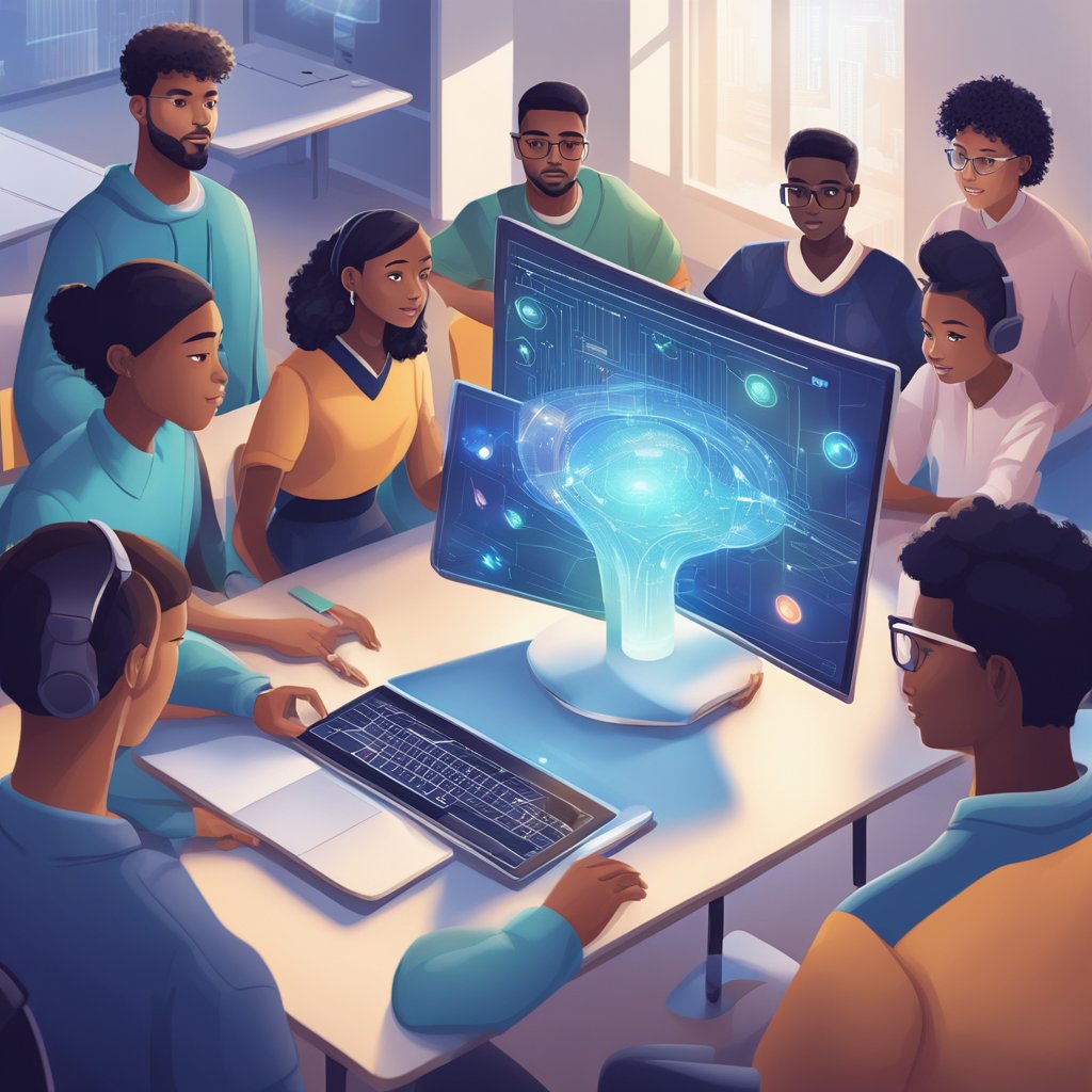 An AI program interacts with a diverse group of students, adapting and personalizing their learning experience in a futuristic classroom setting