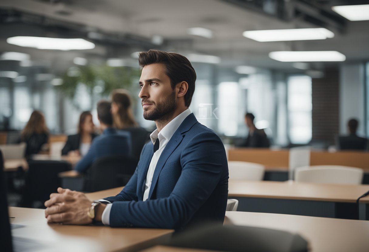 A person sitting alone in a crowded office, avoiding eye contact and keeping a distance from colleagues. Their body language shows discomfort and a desire to be left alone