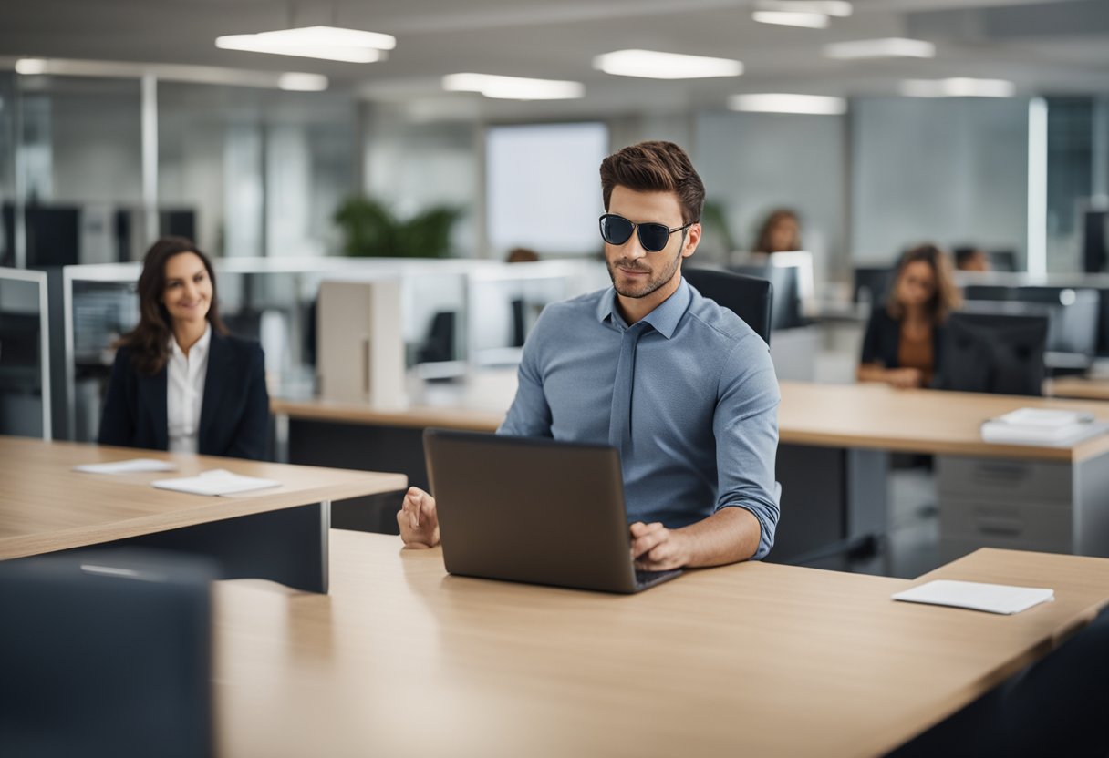 A figure avoids eye contact, stands apart from colleagues, and hesitates to engage in teamwork or social activities at the office