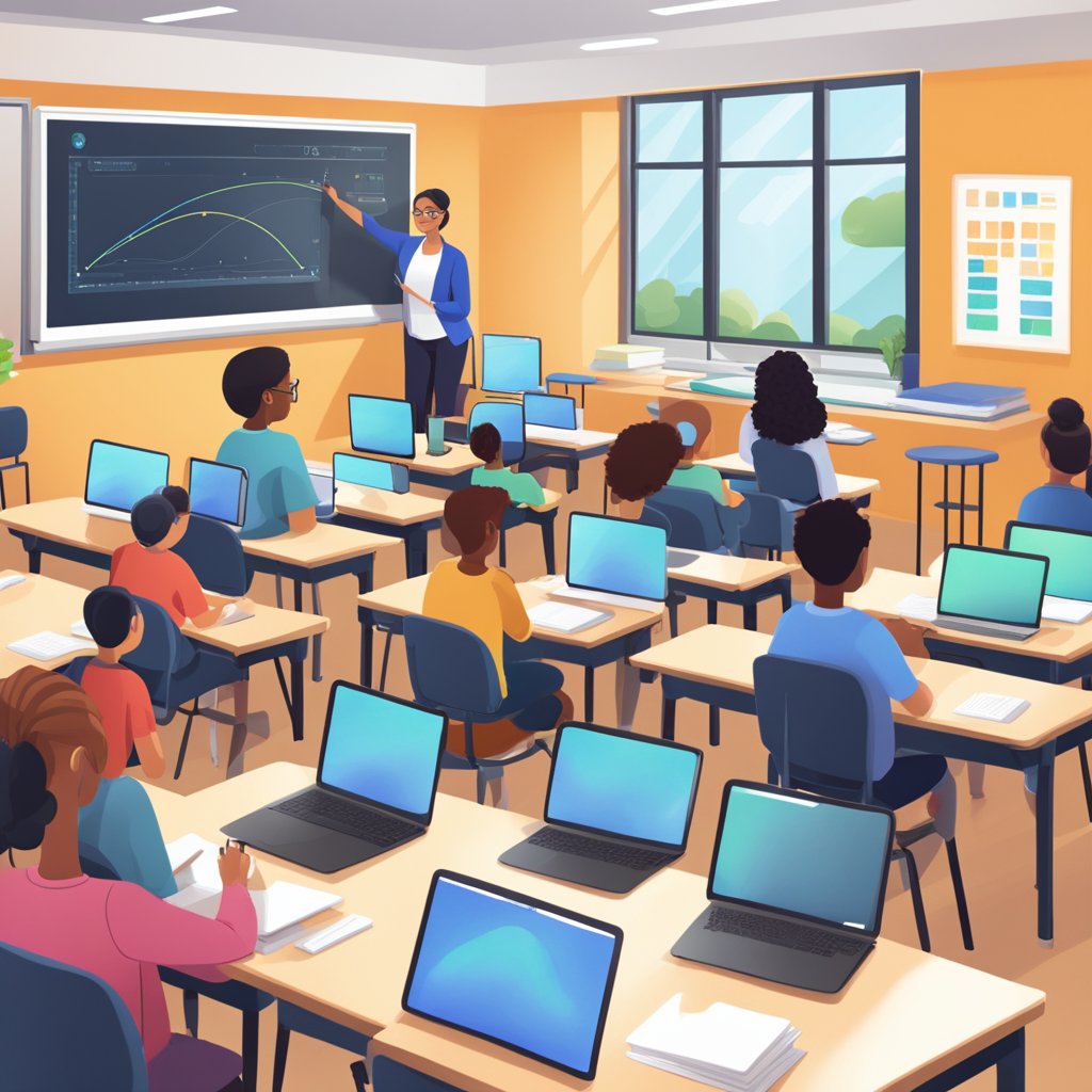 A classroom setting with students using laptops, tablets, and interactive whiteboards to engage in remote learning. The teacher is demonstrating how to integrate educational technology into the lesson