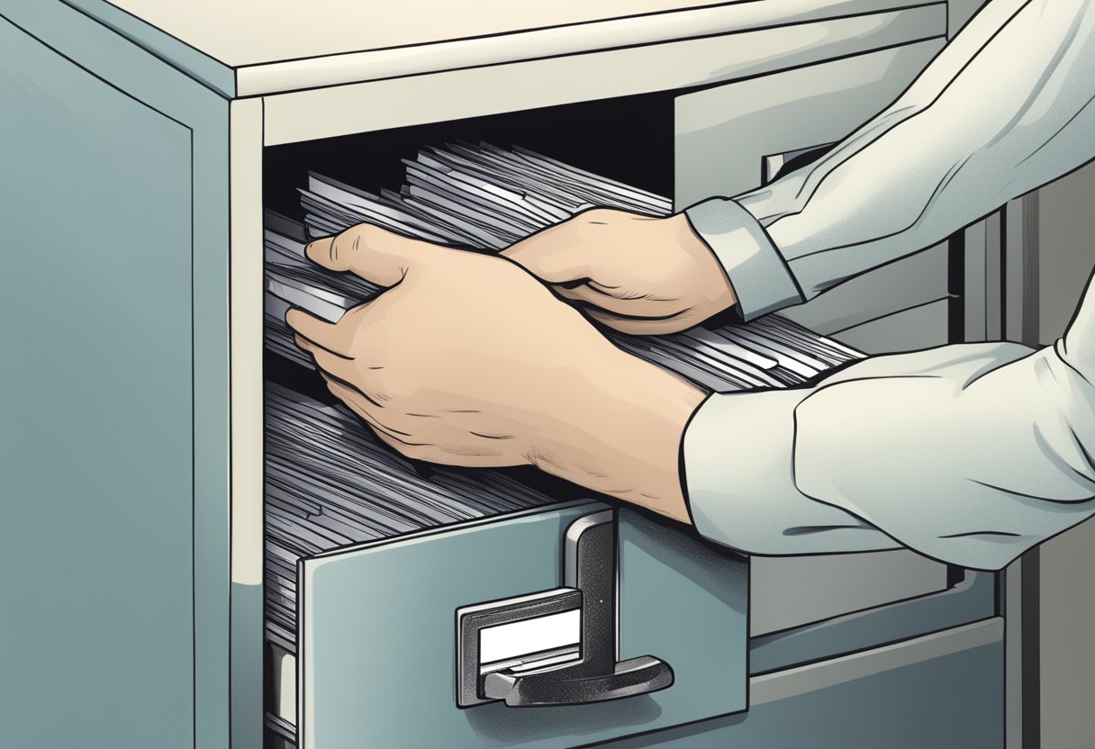 A hand reaches into a filing cabinet, pulling out a folder labeled "Social Security Numbers."