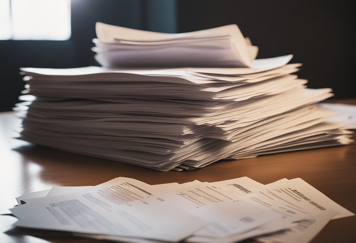 A pile of unpaid student loan statements, marked "defaulted," sits on a desk in a dimly lit room