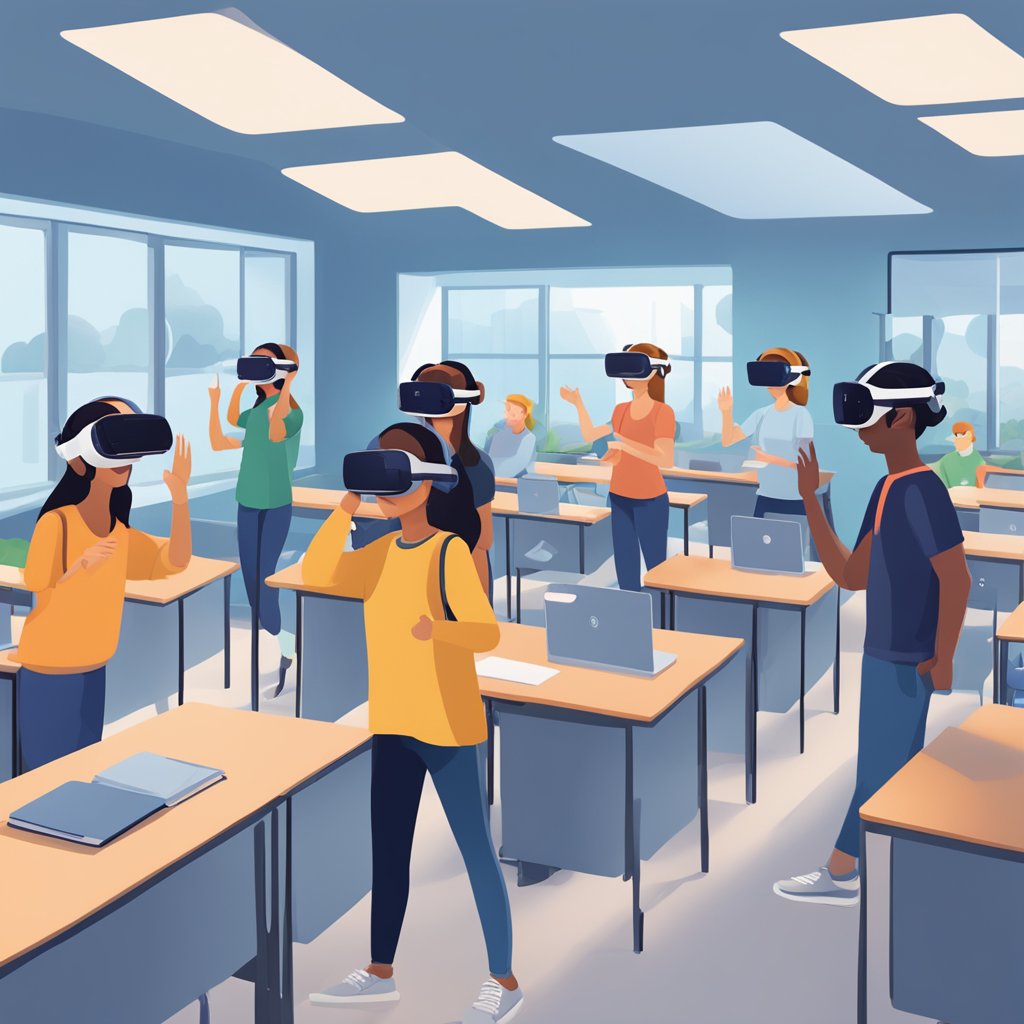 A classroom setting with students wearing VR headsets, interacting with virtual simulations, and engaging in immersive learning experiences