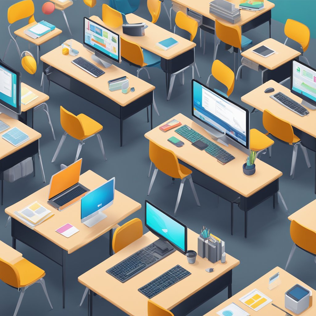 A classroom setting with various educational technology tools displayed on desks and screens, showcasing the latest and top picks for 2024