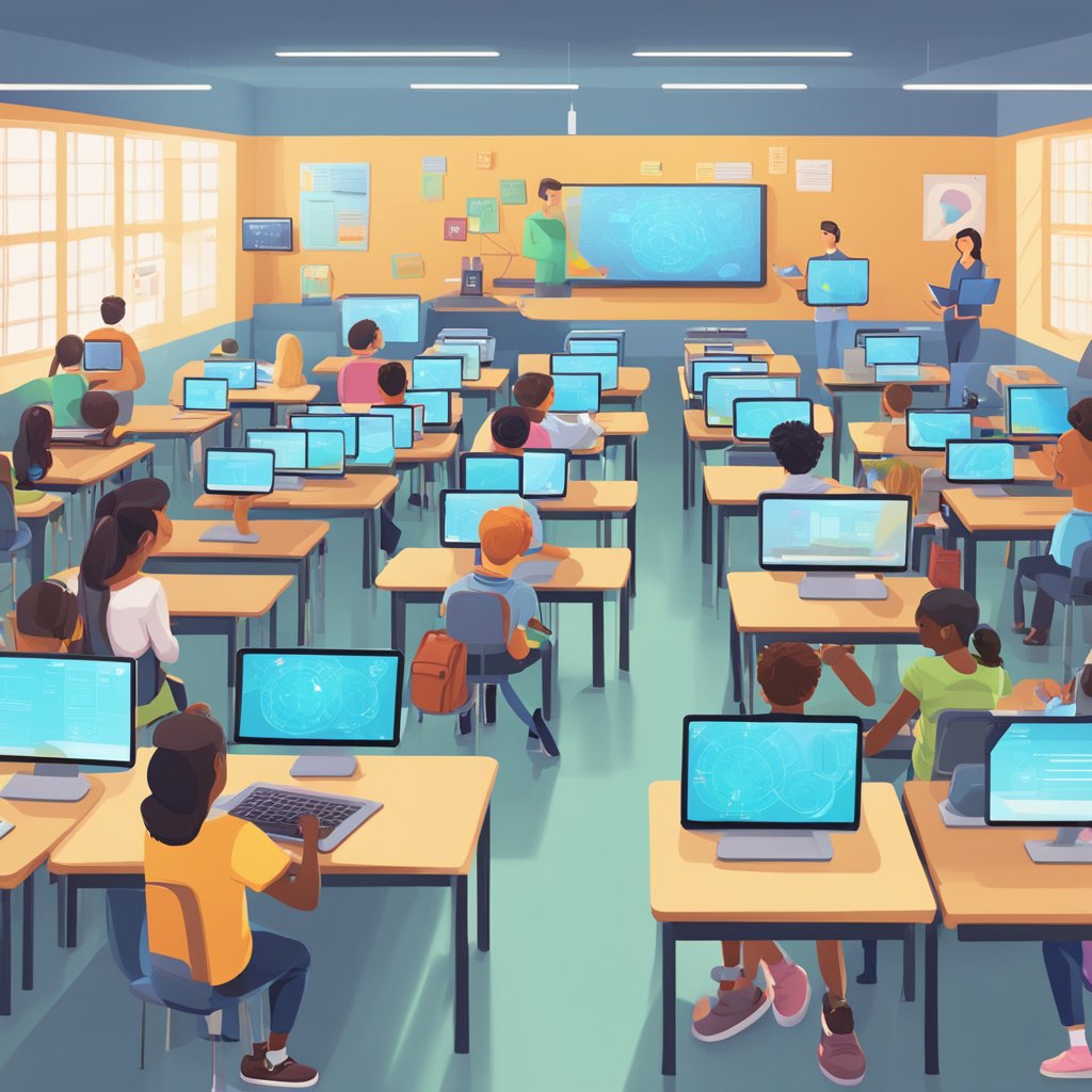 A classroom filled with interactive screens, tablets, and holographic projectors. Students engage in personalized learning activities using advanced educational technology