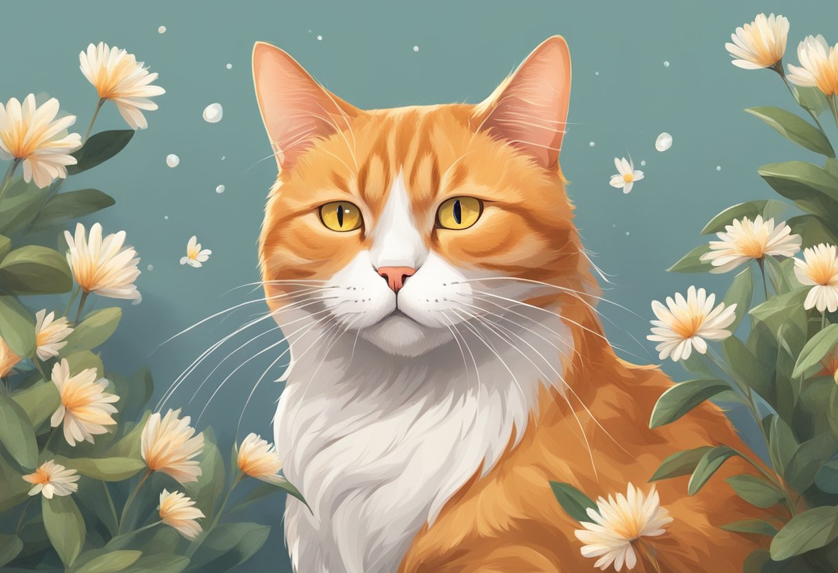 An orange cat with a droopy posture, coughing and sneezing, with watery eyes and a dull coat