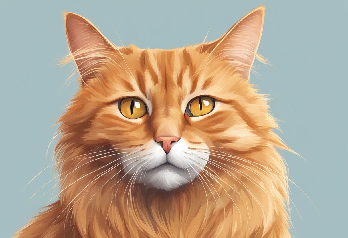 An orange cat with droopy eyes and a runny nose, scratching at its ears and sneezing frequently