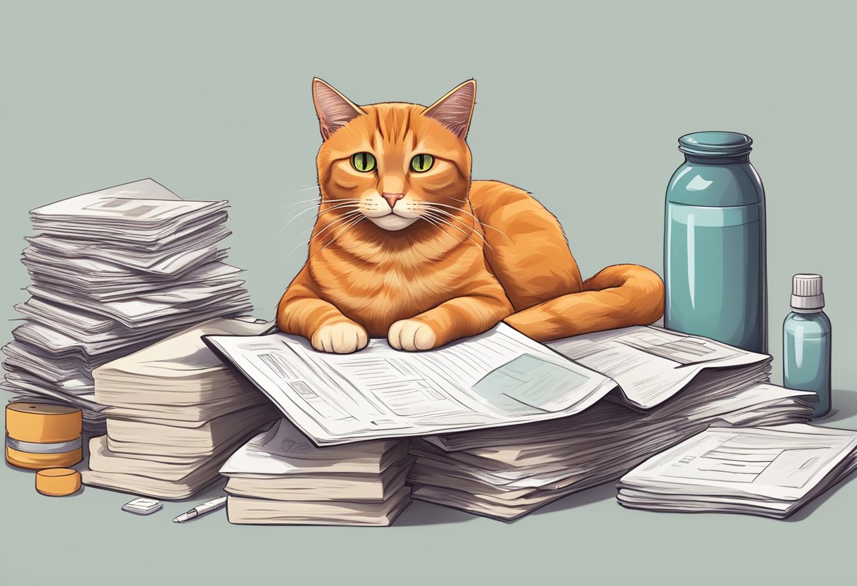 An orange cat with sad eyes sits beside a pile of medical documents, symbolizing genetic disorders and health problems