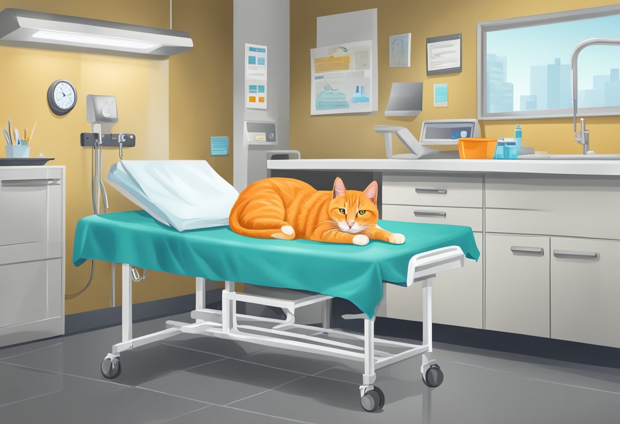 An orange cat with symptoms of infectious diseases, such as sneezing and lethargy, lying in a vet's examination room