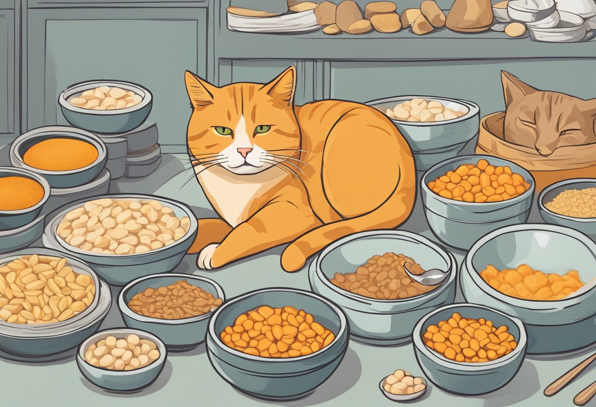 An orange cat with dull fur and lethargic eyes, surrounded by empty food bowls and a listless demeanor, indicating potential nutritional deficiencies