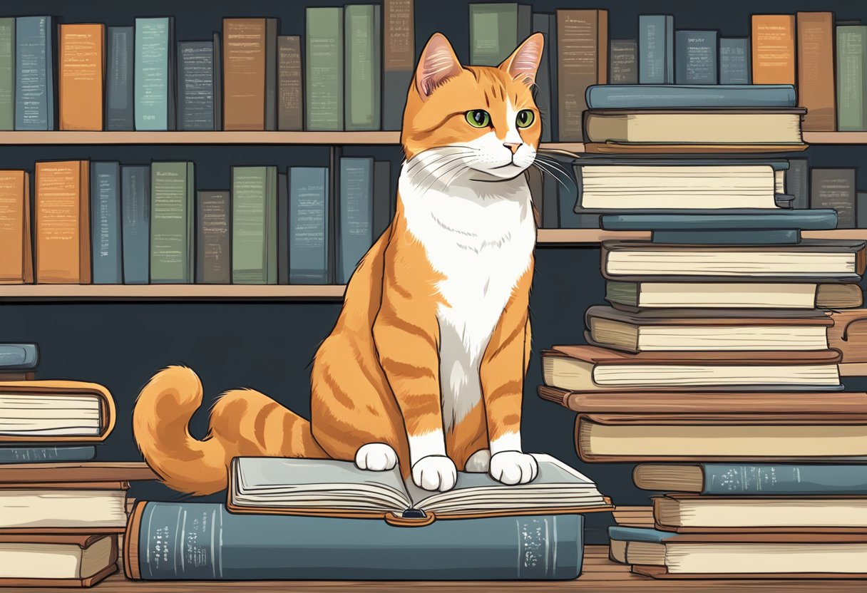 An orange cat sits next to a stack of books labeled "Frequently Asked Questions" about health problems. The cat looks curious and attentive, with its ears perked up and its tail swishing back and forth