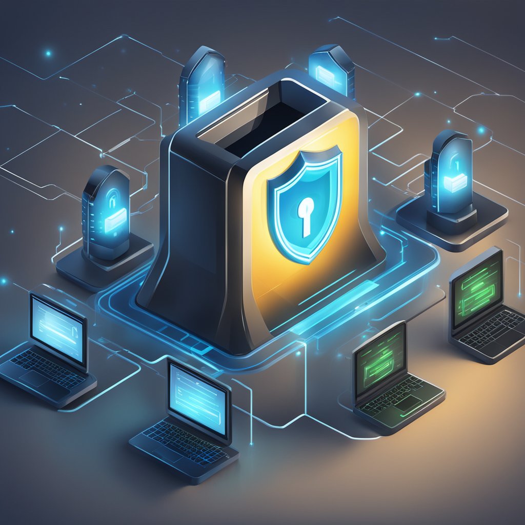 A digital lock protects a glowing database, surrounded by shields and firewalls, symbolizing cybersecurity in educational technology