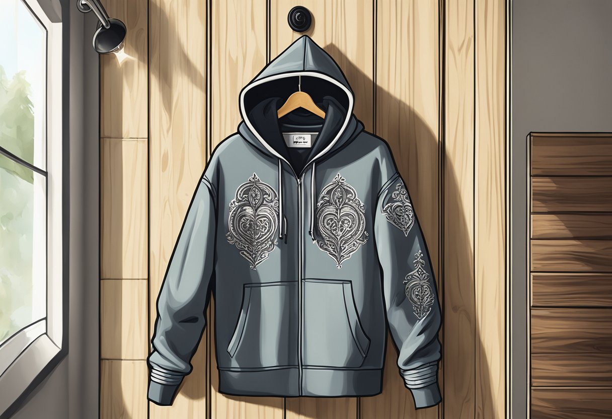 A Chrome Hearts hoodie hangs on a rustic wooden coat rack, illuminated by soft natural light filtering through a nearby window