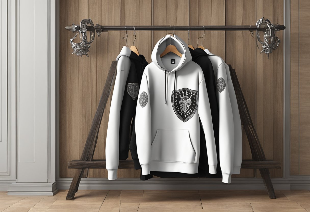 A Chrome Hearts hoodie hangs on a rustic wooden coat rack, its bold logo and intricate metal hardware catching the light. The hoodie is made of luxurious, soft fabric, with edgy details like leather patches and metal studs