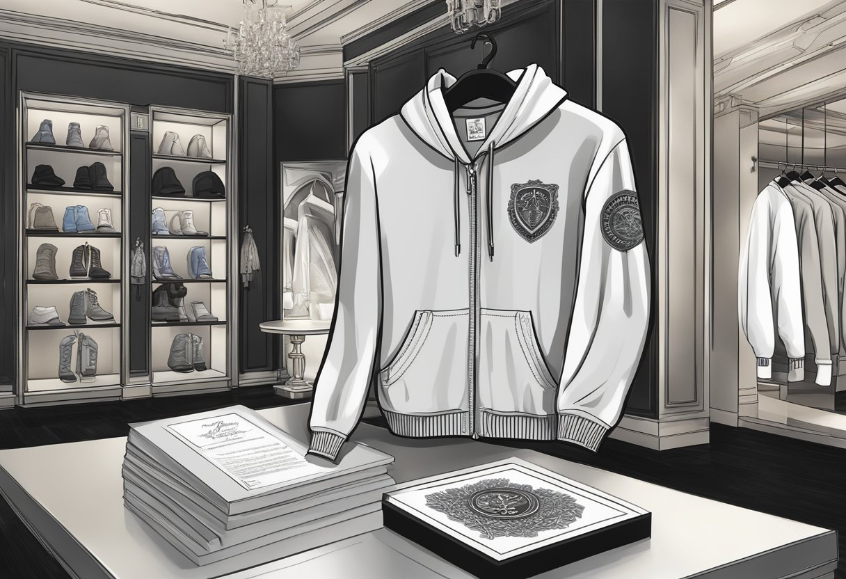 A hand reaches for a Chrome Hearts hoodie on display in a luxury boutique, with a certificate of authenticity prominently placed nearby