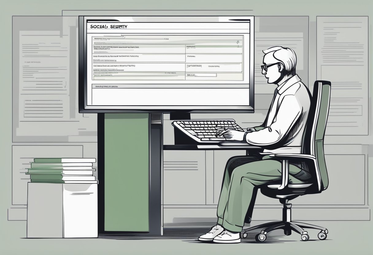 A figure sits at a computer, typing quickly. On the screen, a list of personal information appears, with a focus on the social security number
