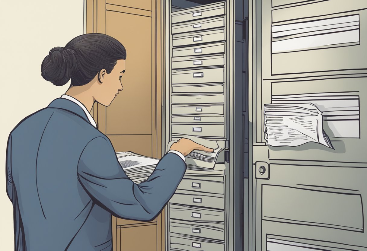 A person holding a form with the title "Legal Framework and Eligibility" and reaching towards a locked filing cabinet labeled "Social Security Numbers."