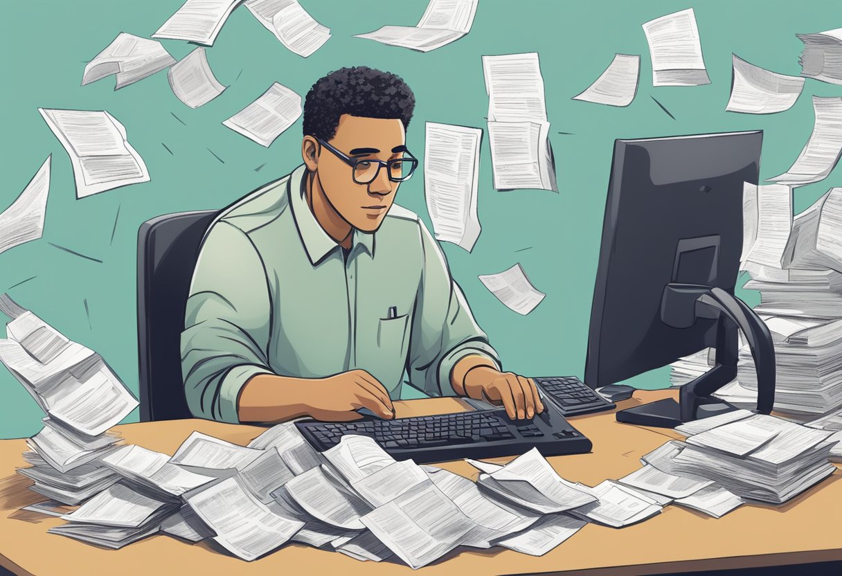 A person sits at a computer, typing in search terms like "find social security number" while surrounded by scattered papers and a look of determination on their face