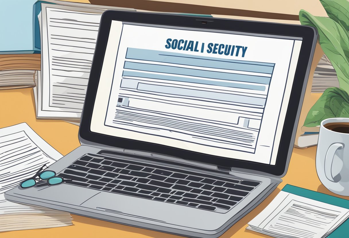 A computer screen displaying a form with a prompt for a social security number, surrounded by legal documents and a book on identity theft