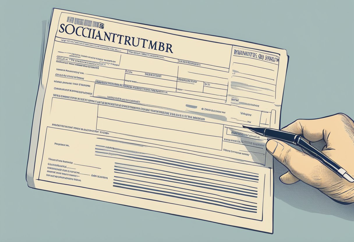 A person holding a form, pointing to a line requesting a social security number