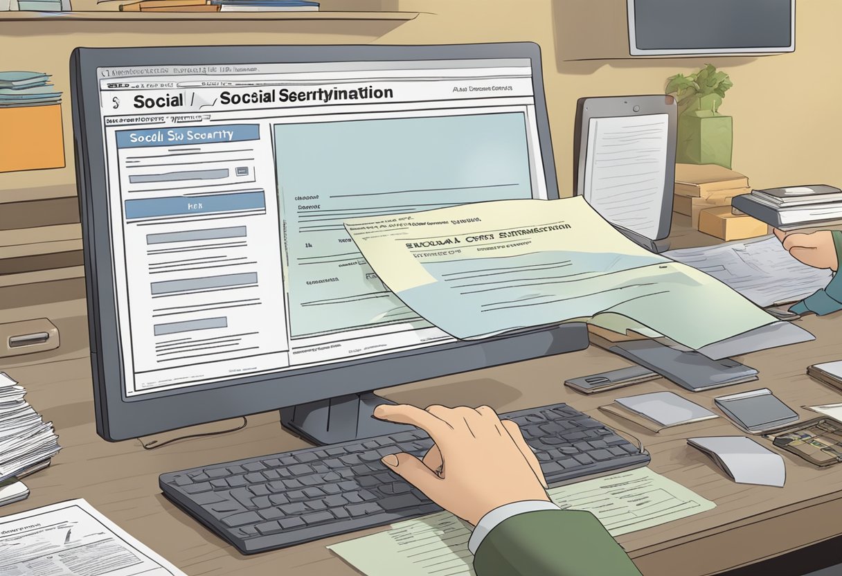A computer screen displays a death certificate with personal information. A hand reaches for a file labeled "Social Security Administration" on a cluttered desk