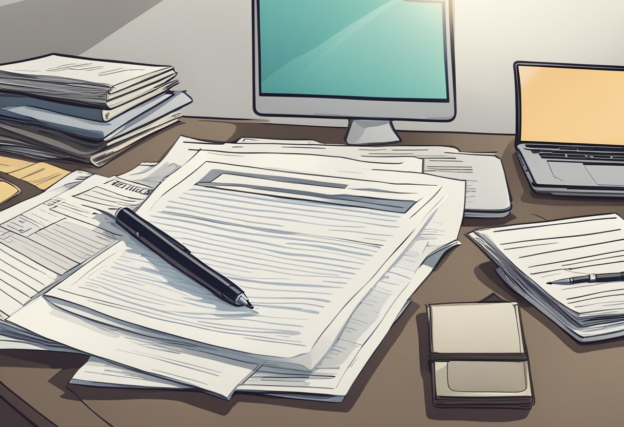 A stack of official documents, including a death certificate and a will, laid out on a desk with a computer and a phone nearby