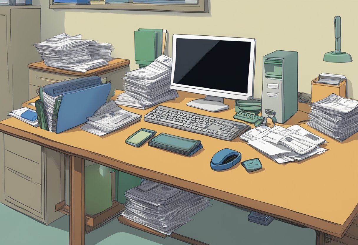 A desk cluttered with paperwork, a computer screen displaying Social Security payment records, and a phone off the hook indicating a sense of urgency