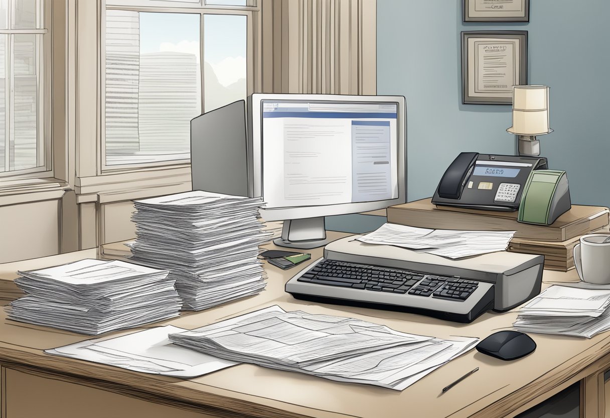 A desk with a computer and paperwork, a closed Social Security account notice, and a stack of documents labeled "deceased."