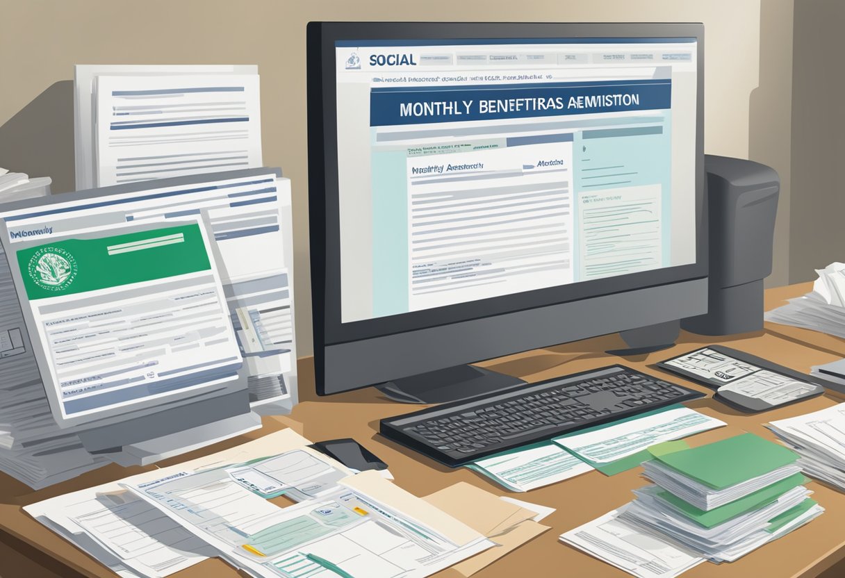 A stack of official documents and envelopes labeled "Monthly Benefits" sits on a cluttered desk, next to a computer screen displaying the Social Security Administration website