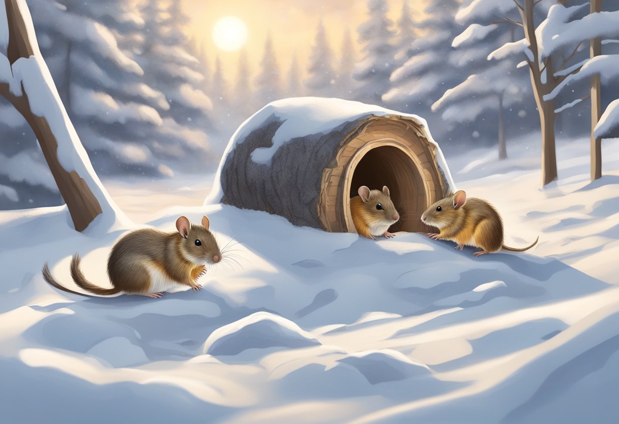 Rodents burrow into snow-covered ground, foraging for food. They build nests in warm, insulated areas to survive the cold winter