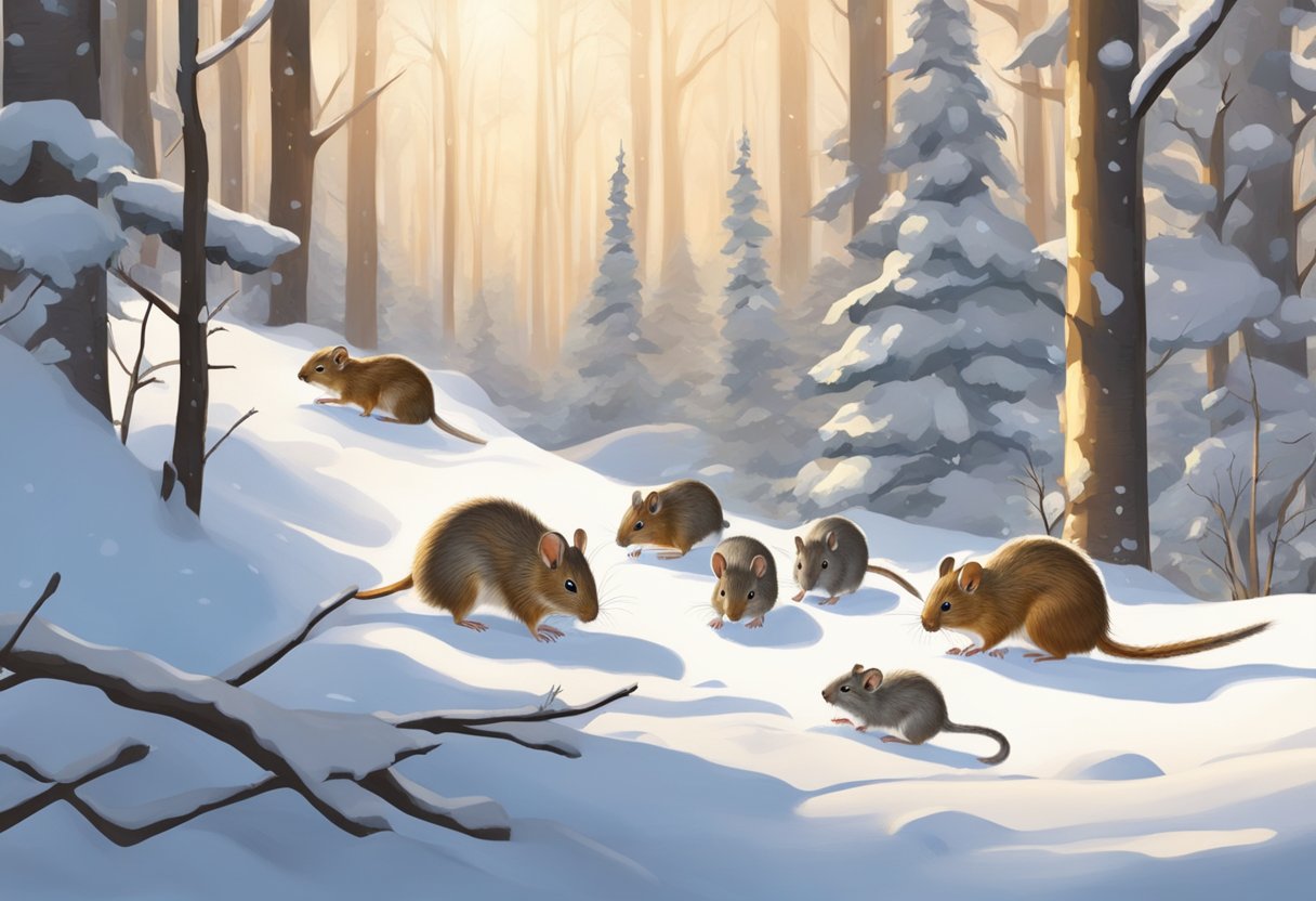 Rodents forage for food in snow-covered forest, their fur thick and insulating. They burrow into the ground, their bodies conserving heat