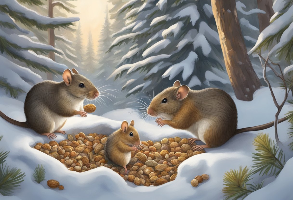 Rodents forage for food in a snowy forest, using their keen sense of smell to locate buried seeds and nuts. They huddle in a cozy burrow to stay warm, taking advantage of the winter's abundant food supply