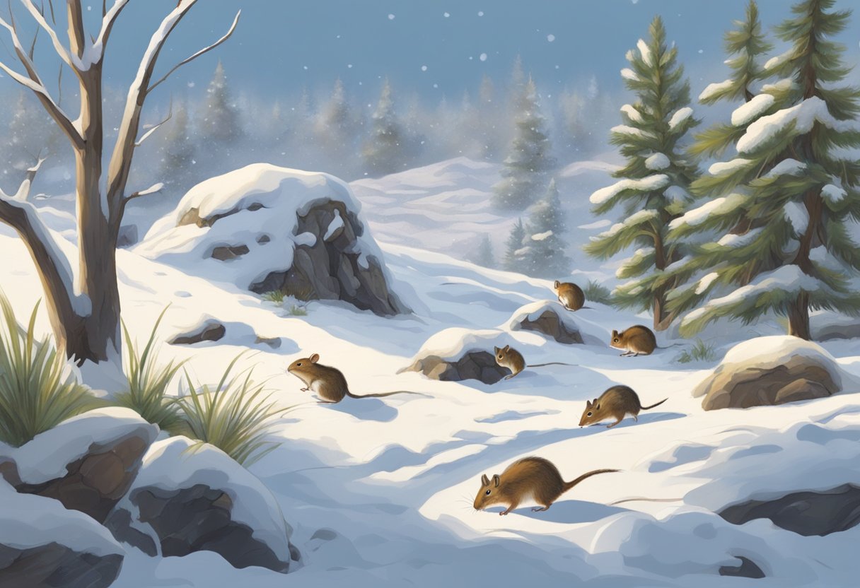 Rodents burrow into snow-covered ground, foraging for food in winter. They navigate through icy landscapes, utilizing their keen sense of smell to locate hidden resources