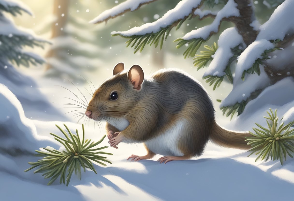 Rodents forage for food in snow-covered forest, utilizing keen sense of smell and agility to access buried seeds