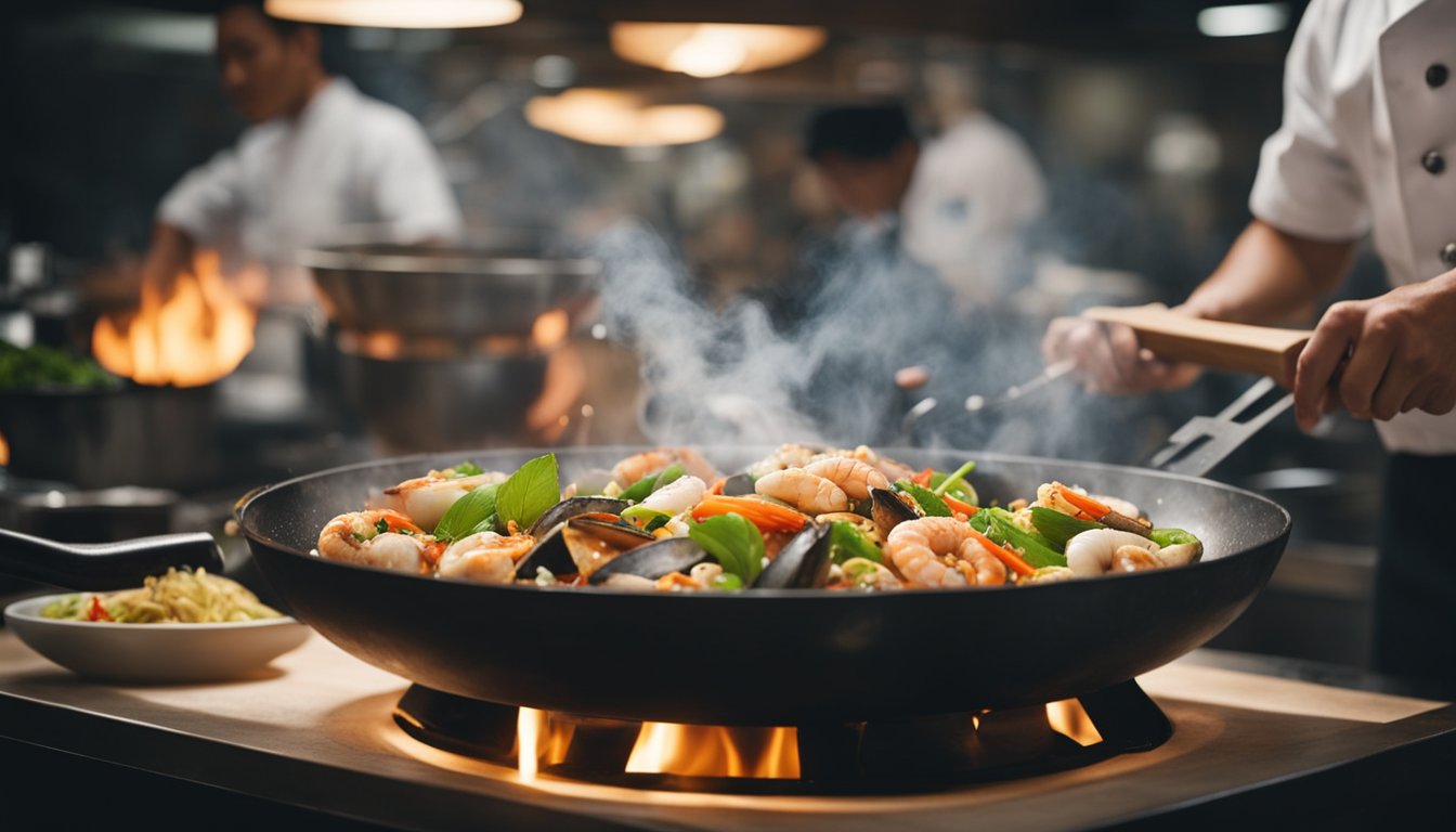 A wok sizzles with a medley of fresh seafood, garlic, ginger, and chili, creating a fragrant aroma. A chef adds soy sauce and lime, tossing the ingredients with precision