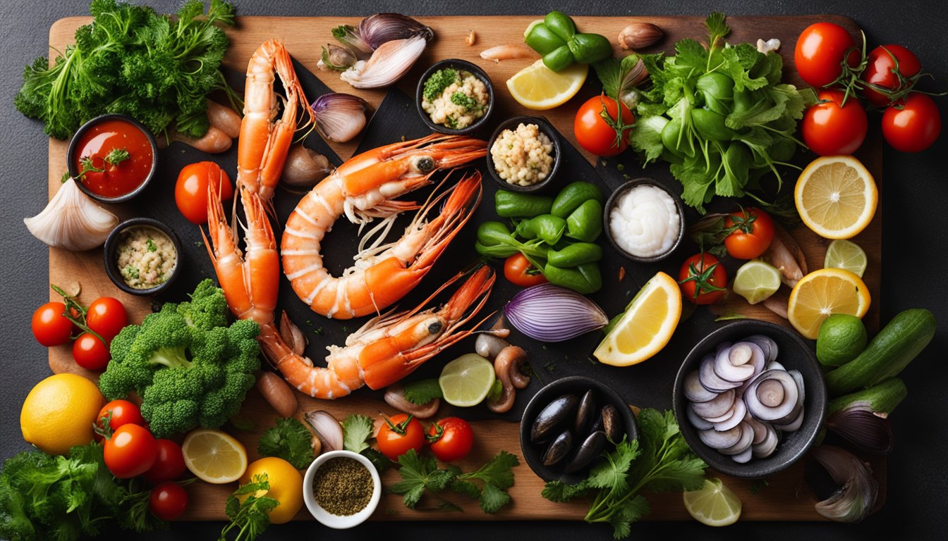 Seafood mix arranged with fresh prawns, mussels, and squid on a cutting board, surrounded by vibrant vegetables and herbs
