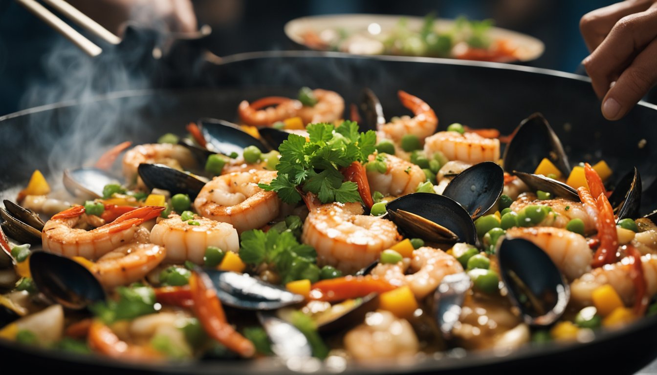 A sizzling wok with a medley of seafood, stir-frying with aromatic spices and herbs, while a chef adds a splash of soy sauce and a hint of chili, creating a vibrant and flavorful Singaporean seafood mix