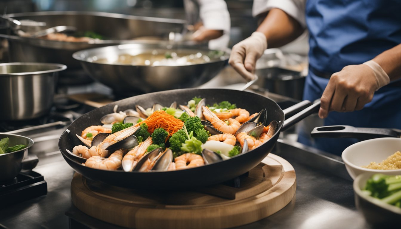A chef prepares a seafood mix in a bustling Singapore kitchen. Ingredients are laid out, and the chef is seen stirring the sizzling wok