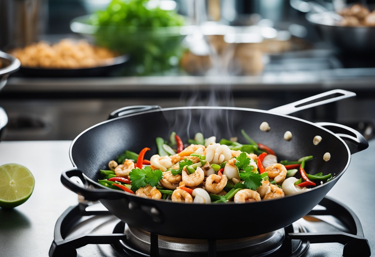 A wok sizzles with garlic, ginger, and chili as fresh seafood is added, then tossed with soy sauce, lime, and cilantro