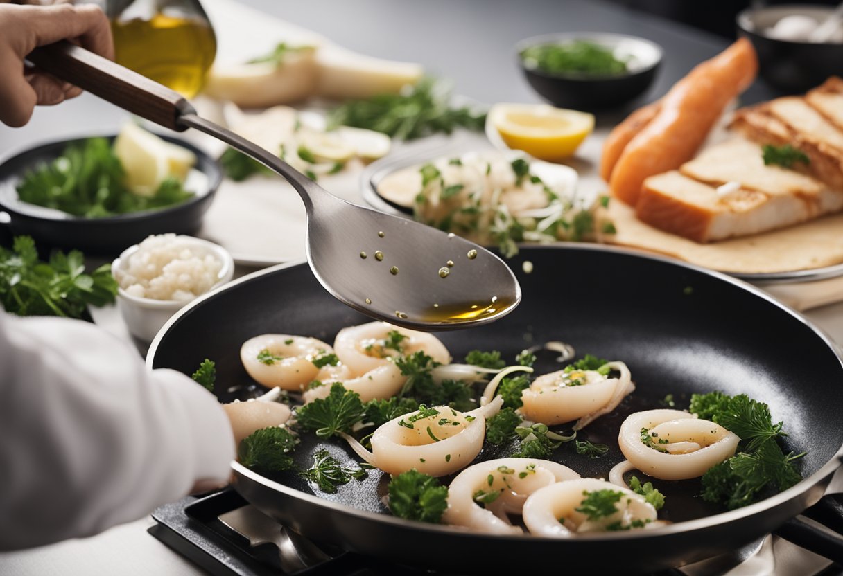 Squid being cleaned, sliced, and cooked in a sizzling pan with garlic, olive oil, and herbs