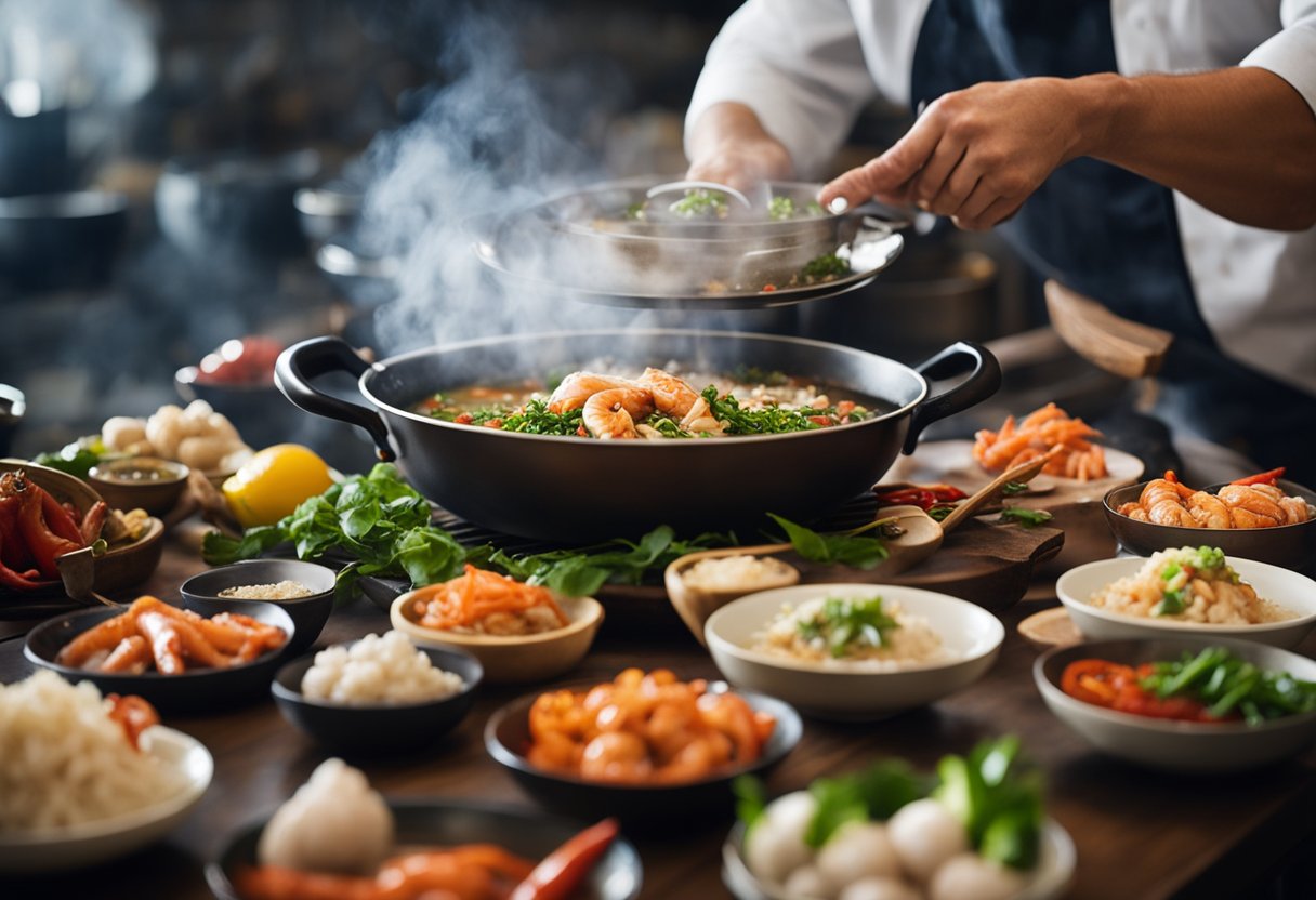 A table adorned with fresh seafood, chili, garlic, and ginger. Steam rises from a sizzling wok as a chef tosses the ingredients with precision