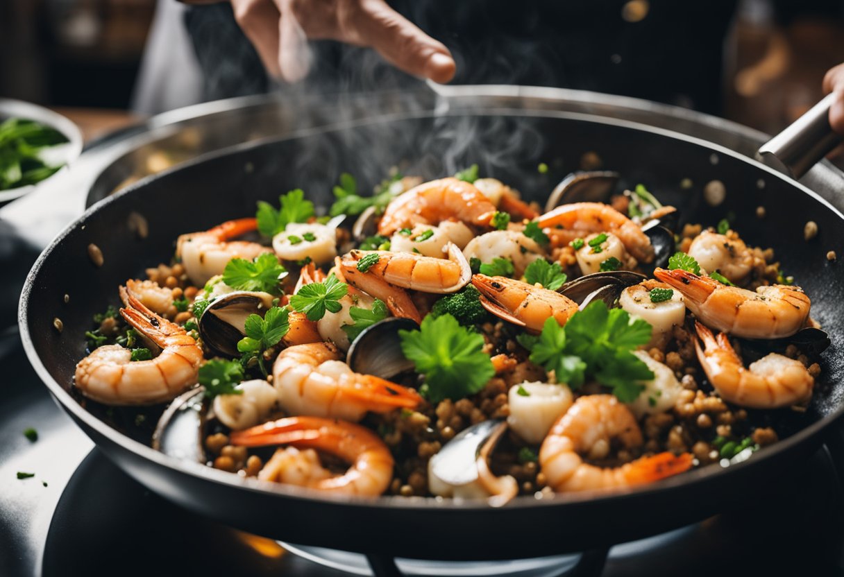 Seafood sizzling in a wok with vibrant spices, a chef's hand sprinkling fresh herbs over a beautifully plated dish