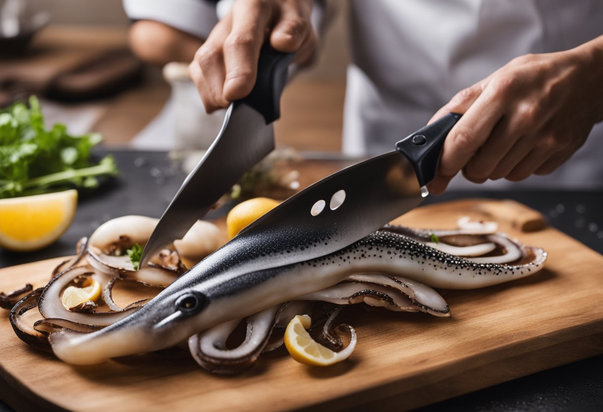 Squid being cleaned and sliced, then cooked using various techniques