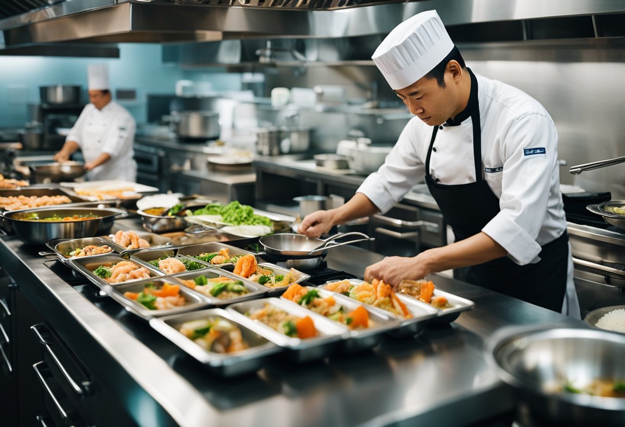 A chef prepares a variety of seafood dishes in a bustling Singapore kitchen