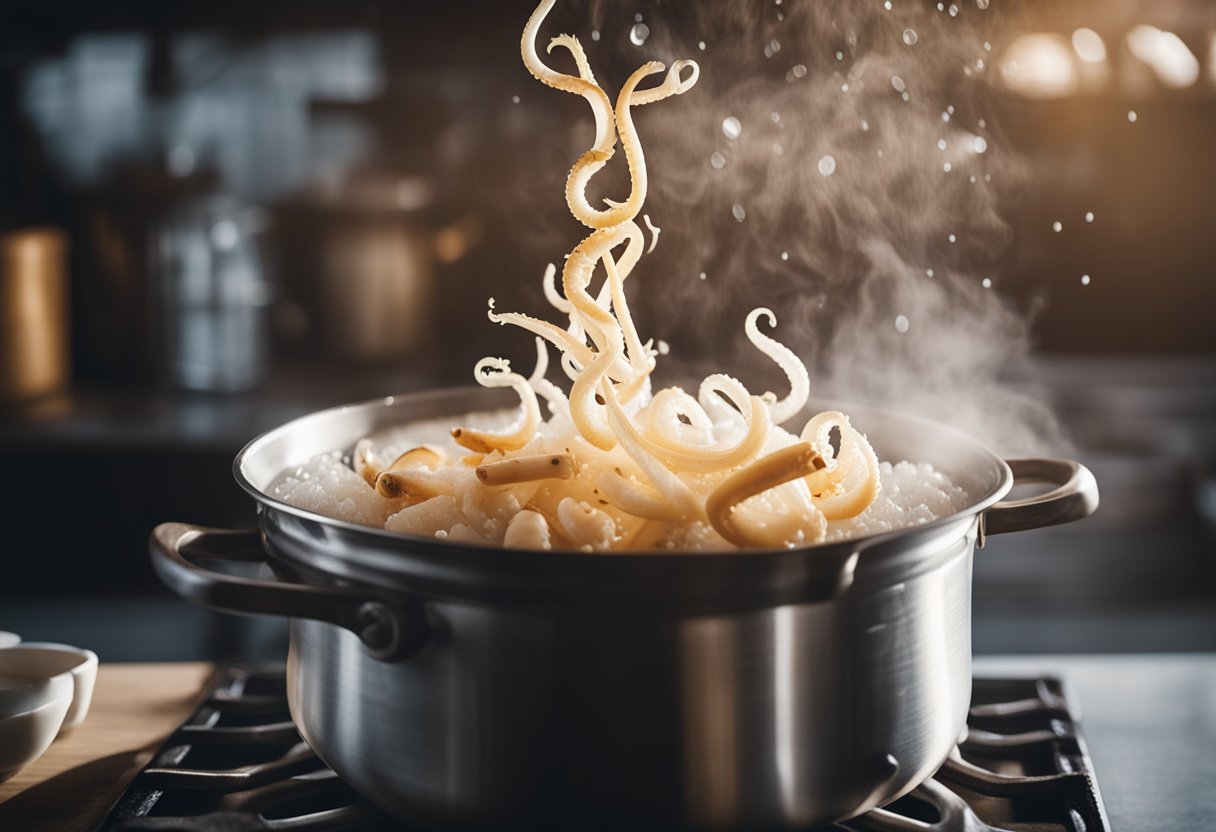 A pot of boiling water with squid being dropped in, steam rising